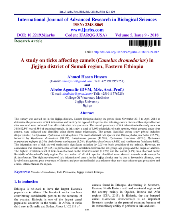 (PDF) A study on ticks affecting camels (Camelus dromedarius) in ...