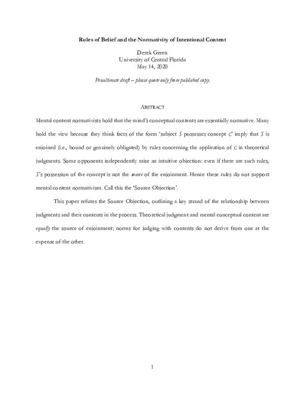 (PDF) Rules of Belief and the Normativity of Intentional Content