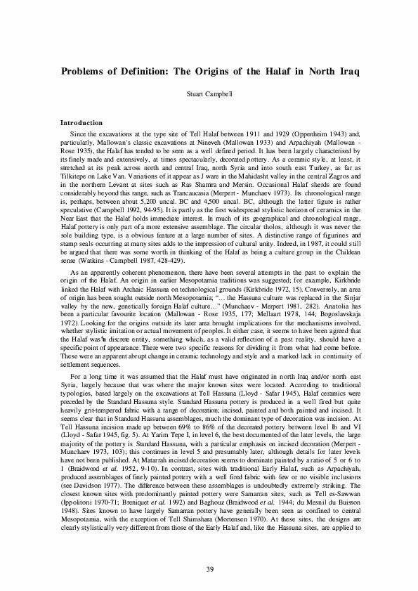 (PDF) Problems of Definition: The origins of the Halaf in North Iraq