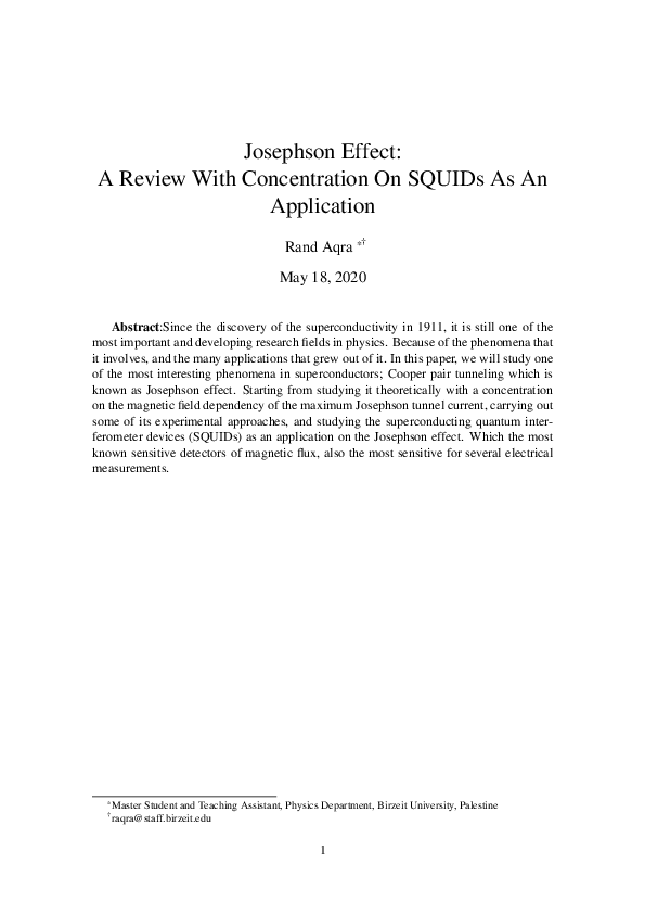 (PDF) Josephson Effect A Review With Concentration On SQUIDs As An Application Rand F . Aqra