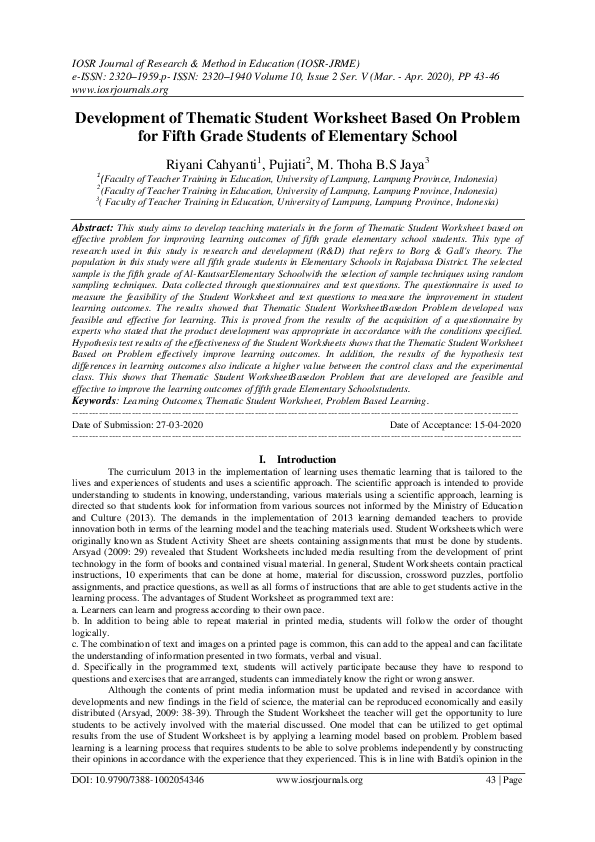 (PDF) Development of Thematic Student Worksheet Based On Problem for ...