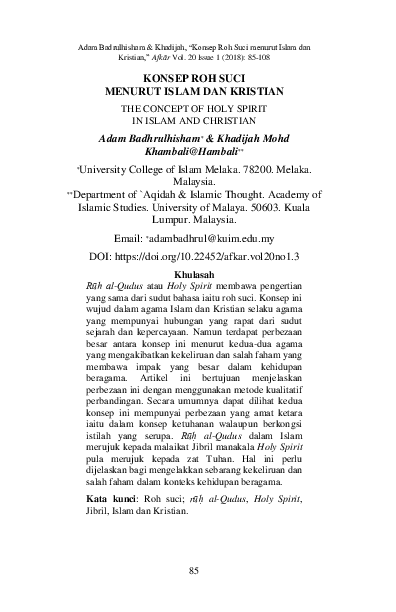 Pdf Konsep Roh Suci Menurut Islam Dan Kristian Journal Of Aqidah Islamic Thought Afkar Academia Edu