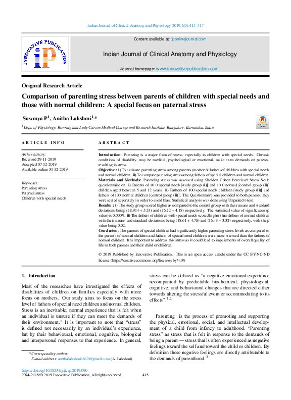 (PDF) Comparison of parenting stress between parents of children with ...
