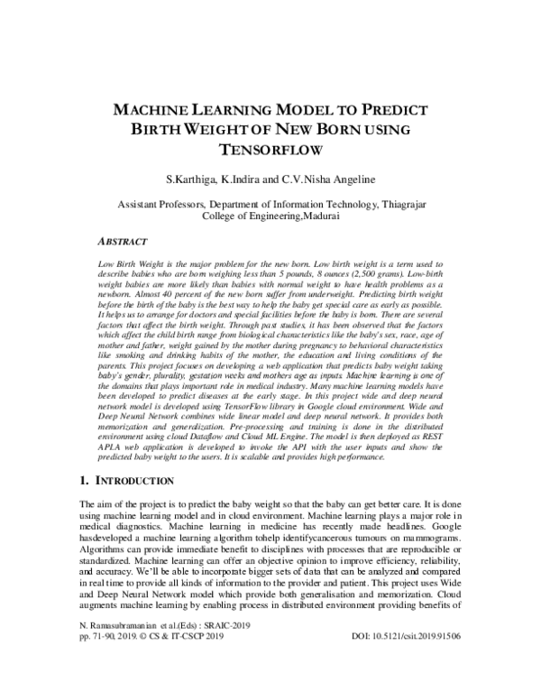 (PDF) MACHINE LEARNING MODEL TO PREDICT BIRTH WEIGHT OF NEW BORN USING ...