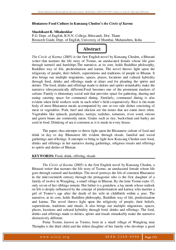 (PDF) Bhutanese Food Culture in Kunzang Choden's the Circle of Karma Shashikant Mhalunkar