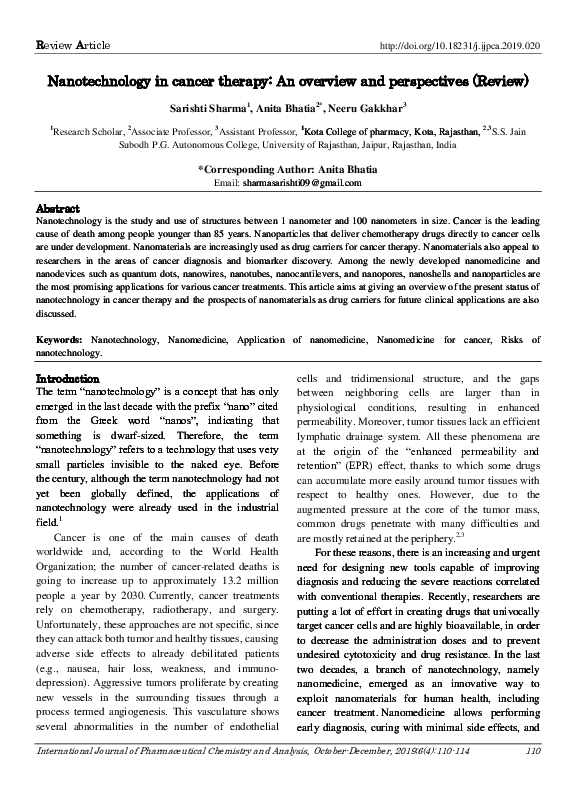 (PDF) Nanotechnology in cancer therapy: An overview and perspectives ...