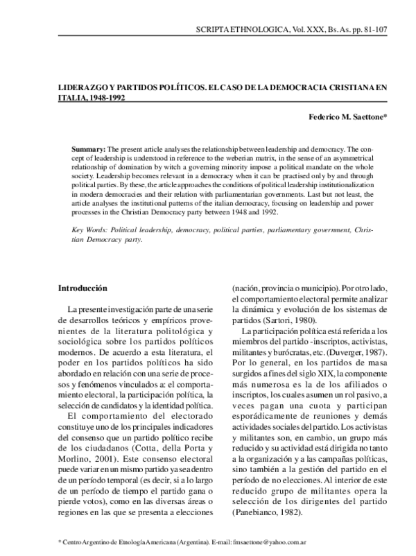 (PDF) El liderazgo en la Democracia Cristiana en Italia.