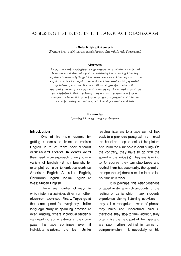 Pdf Assessing Listening In The Language Classroom