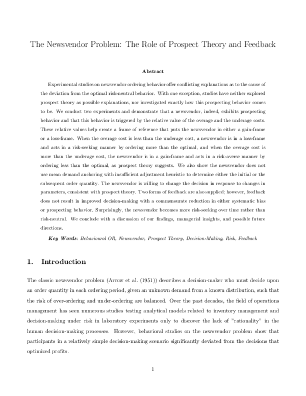 (PDF) The Newsvendor Problem: The Role of Prospect Theory and Feedback