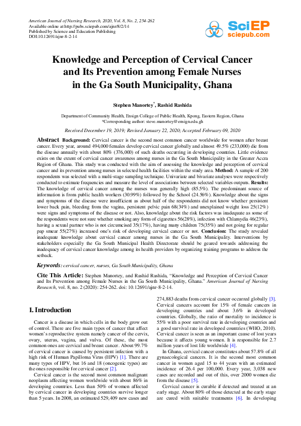 (PDF) Knowledge and Perception of Cervical Cancer and Its Prevention ...