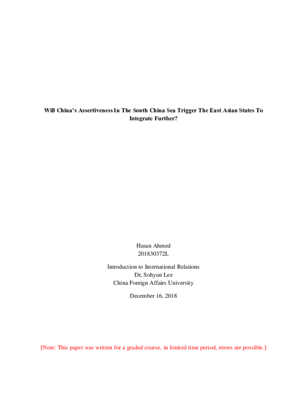 (PDF) Will China’s Assertiveness In The South China Sea Trigger The ...
