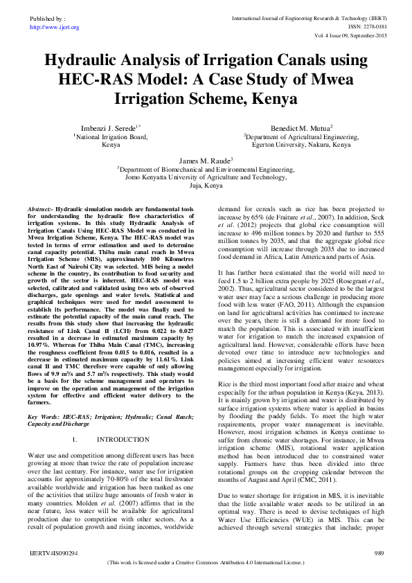 (PDF) IJERTHydraulic Analysis of Irrigation Canals using HECRAS Model