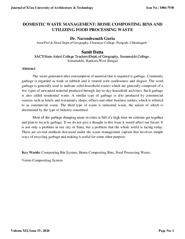 (PDF) DOMESTIC WASTE MANAGEMENT HOME COMPOSTING BINS AND UTILIZING