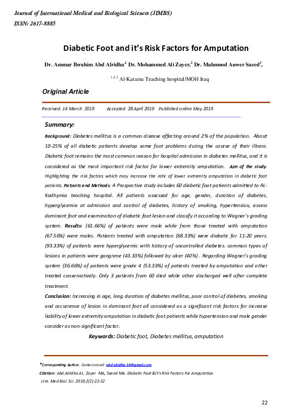 (PDF) Diabetic Foot and it's Risk Factors for Amputation