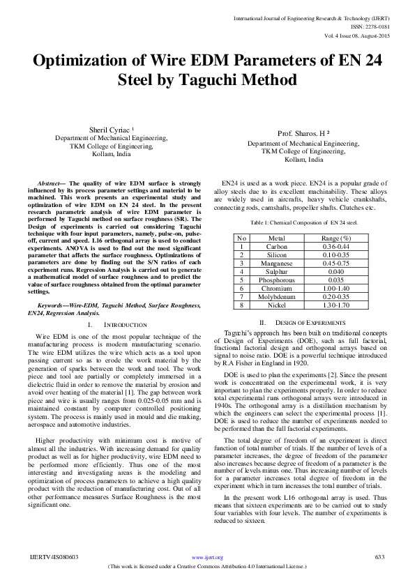 (PDF) IJERTOptimization of Wire EDM Parameters of EN 24 Steel by Taguchi Method IJERT Journal