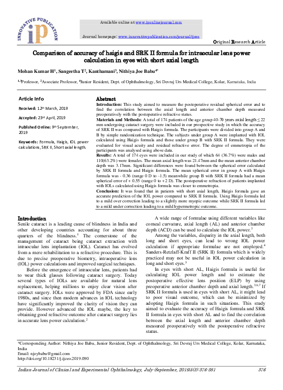 (PDF) Comparison of accuracy of haigis and SRK II formula for