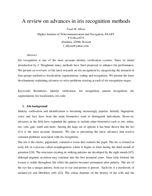 (PDF) A review on advances in iris recognition methods
