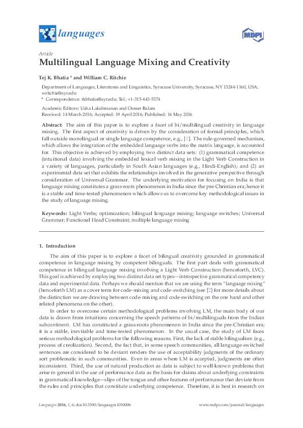 (PDF) Multilingual Language Mixing and Creativity