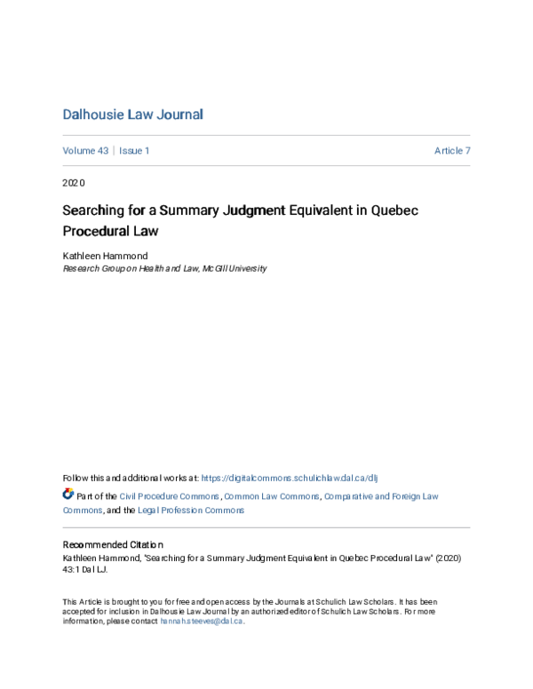(PDF) Searching for a Summary Judgment Equivalent in Quebec Searching ...