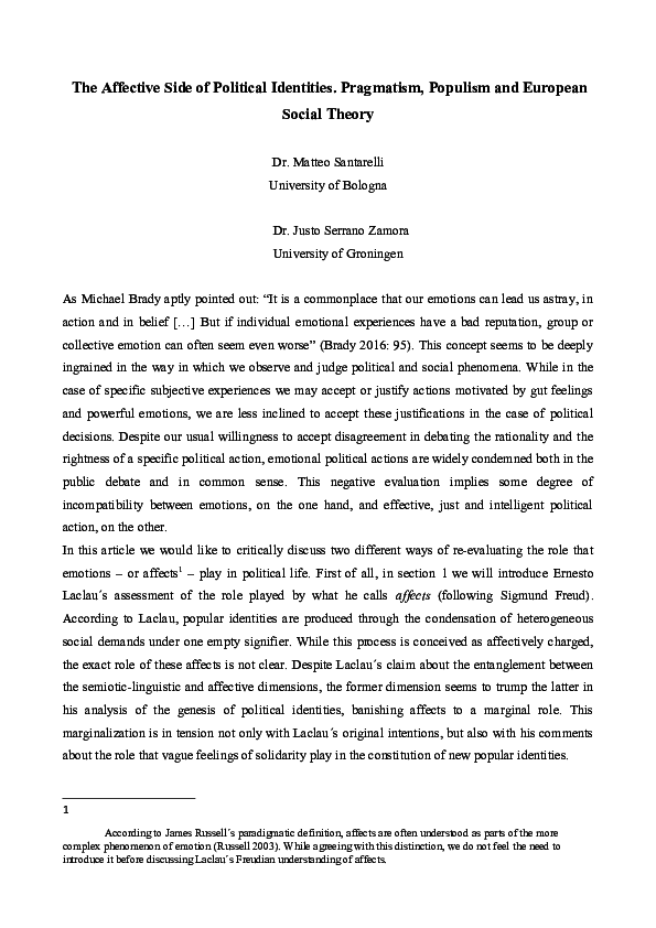 (PDF) The Affective Side Of Political Identities: Pragmatism, Populism ...