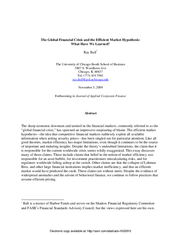 (PDF) The Global Financial Crisis and the Efficient Market Hypothesis ...