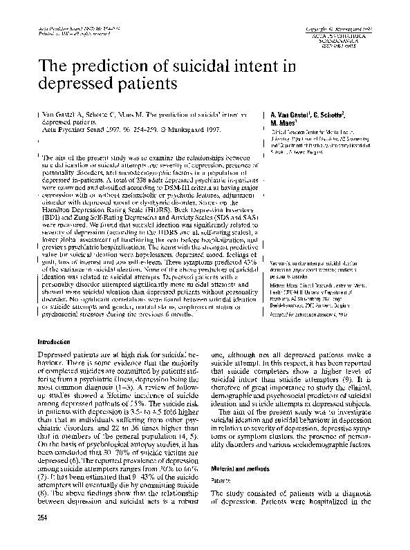 (PDF) The prediction of suicidal intent in depressed patients