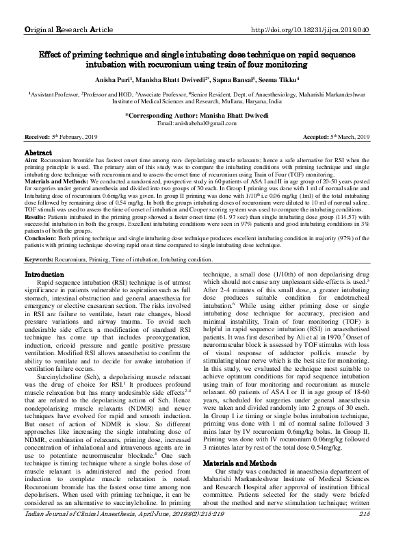 Pdf Effect Of Priming Technique And Single Intubating Dose Technique