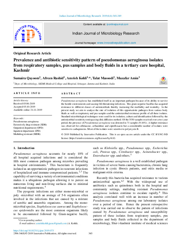 (PDF) Prevalence and antibiotic sensitivity pattern of pseudomonas ...