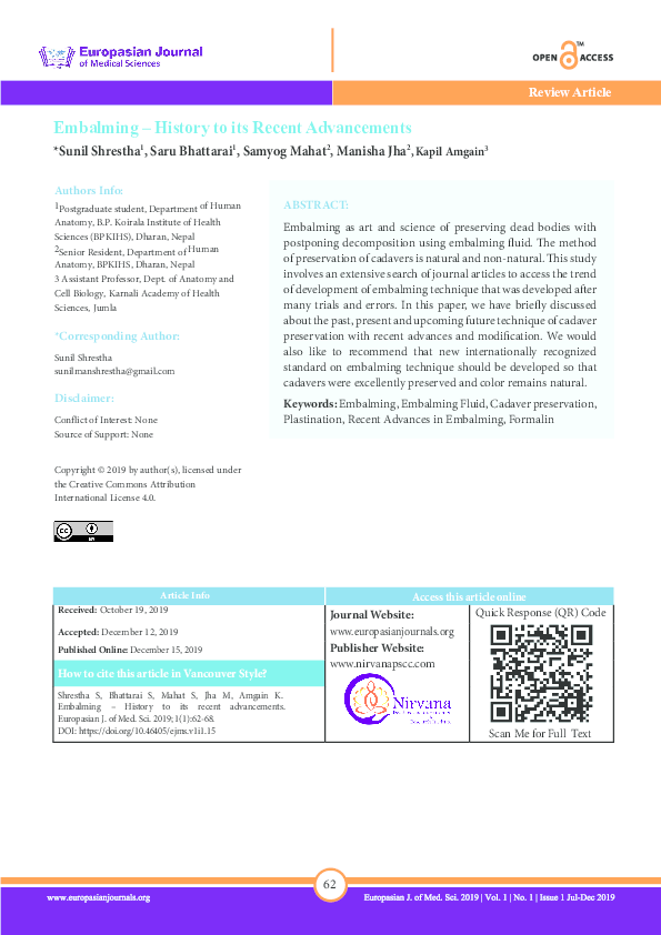 (PDF) Embalming – History to its Recent Advancements