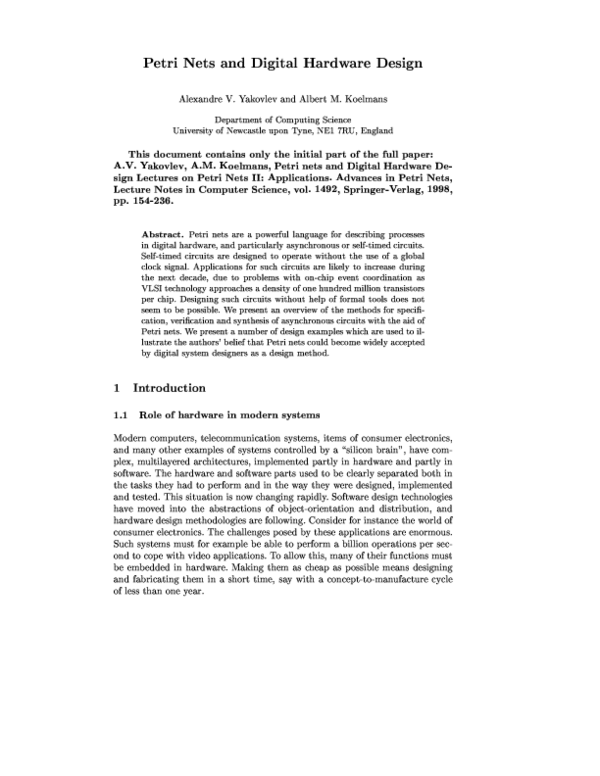 Pdf Petri Nets And Digital Hardware Design Alex Yakovlev Academia Edu