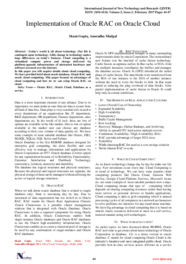 (PDF) Implementation of Oracle RAC on Oracle Cloud