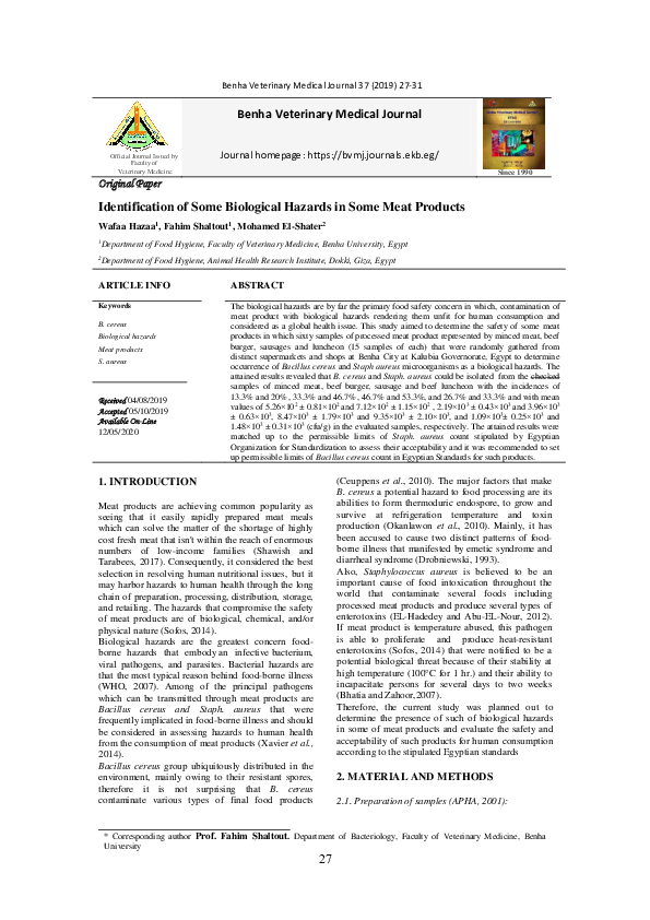 (PDF) Identification of Some Biological Hazards in Some Meat Products