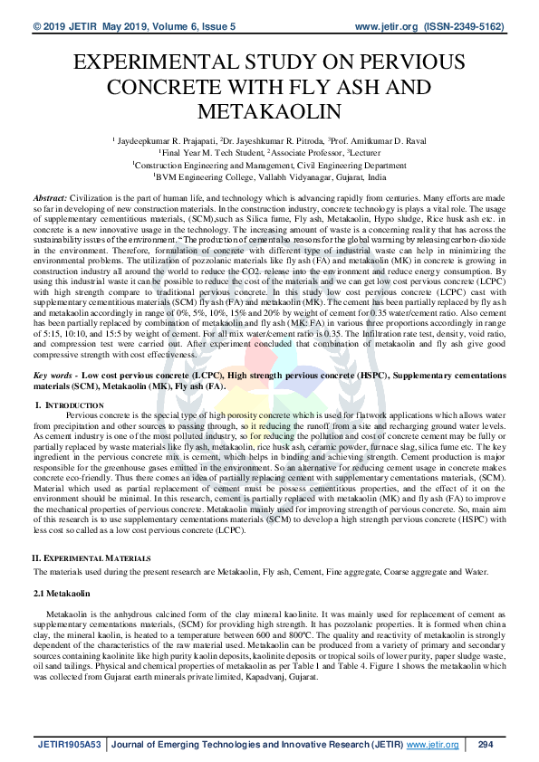 (PDF) Experimental Study on Pervious Concrete with Fly Ash and Metakaolin
