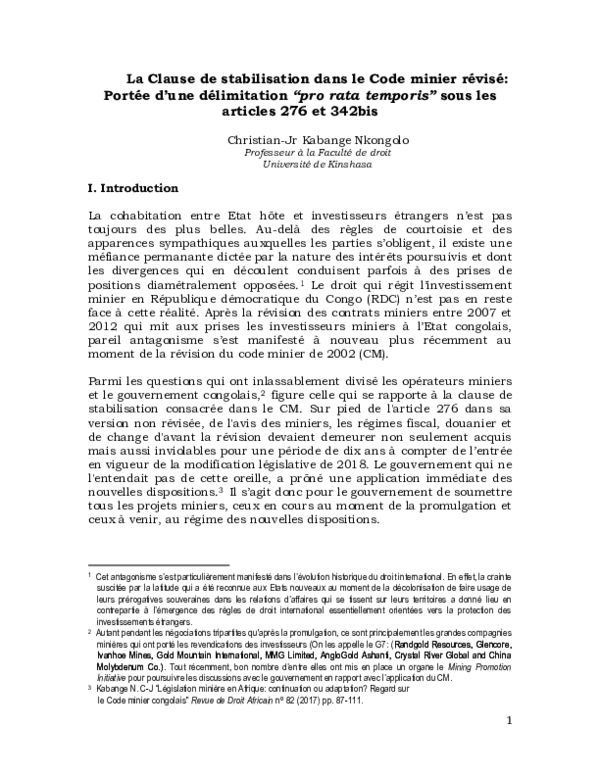 (PDF) La Clause de stabilisation dans le Code minier révisé Portée d