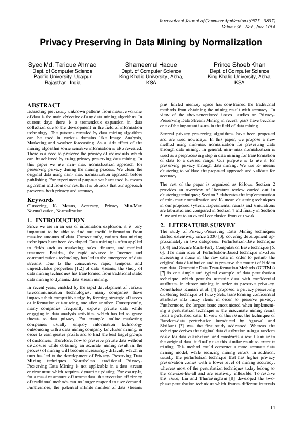 (PDF) Privacy Preserving in Data Mining by Normalization