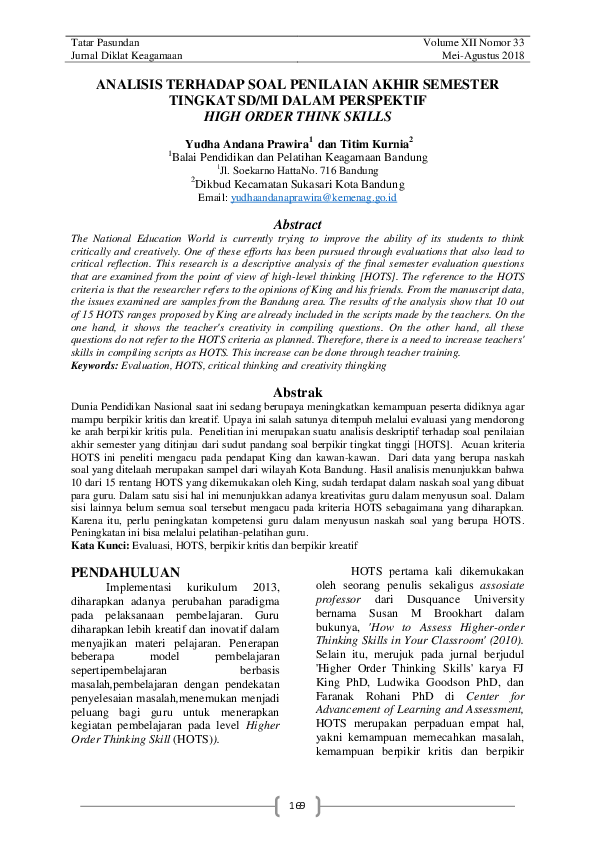 (PDF) ANALISIS TERHADAP SOAL PENILAIAN AKHIR SEMESTER