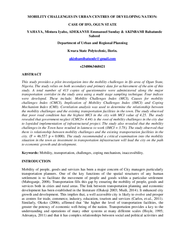 (PDF) Mobility challenges in urban centres of developing nation: Case ...