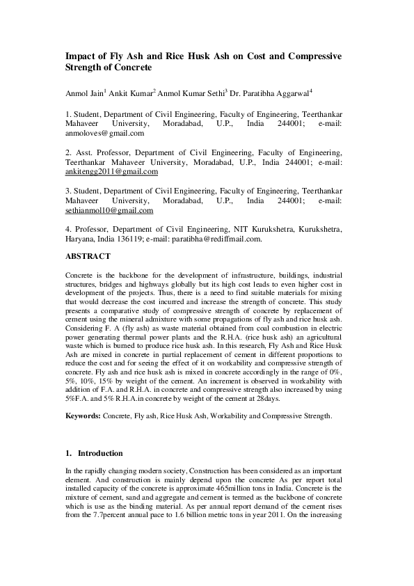 (PDF) Impact of Fly Ash and Rice Husk Ash on Cost and Compressive ...