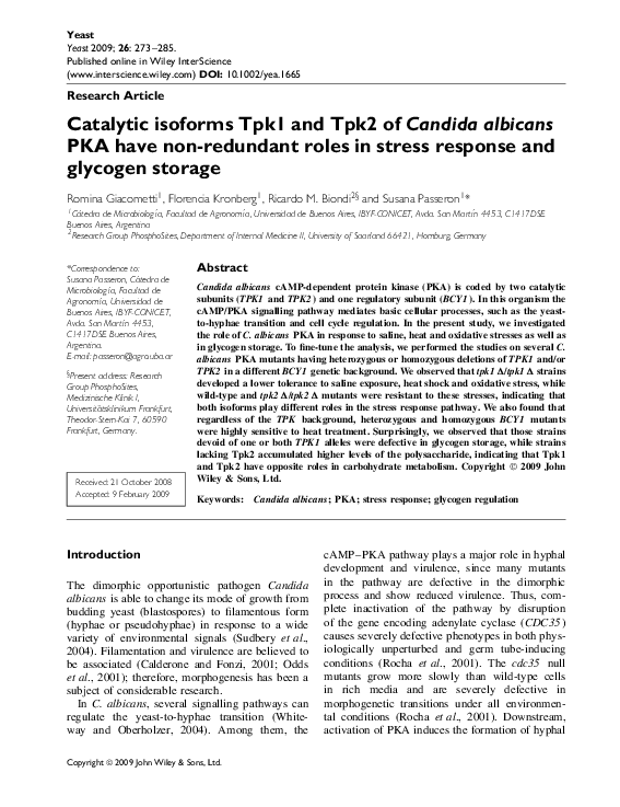 (PDF) Catalytic isoforms Tpk1 and Tpk2 of Candida albicans PKA have non ...