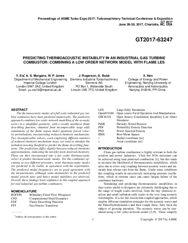Pdf Gt2017 63247 Predicting Thermoacoustic Instability In An