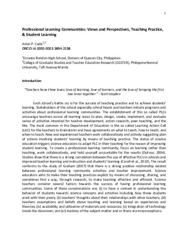 (PDF) Professional Learning Communities Views and Perspectives ...