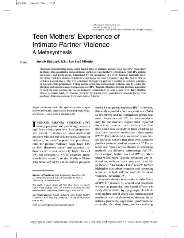 (PDF) Teen Mothers' Experience of Intimate Partner Violence A Metasynthesis
