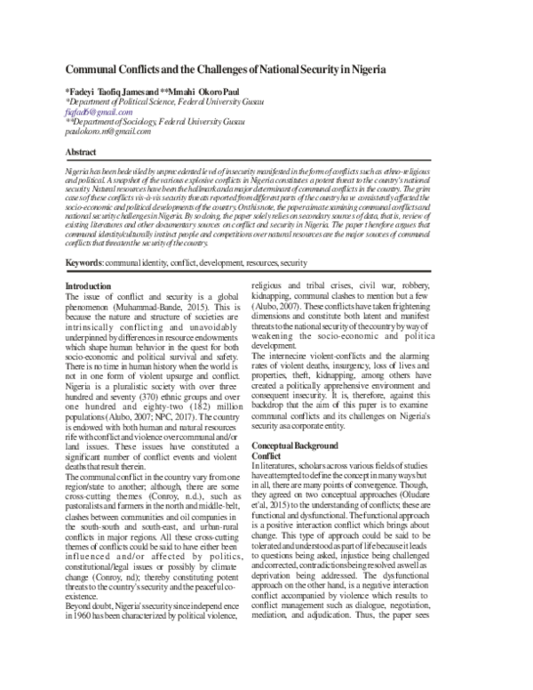  pdf communal conflicts and the challenges of national security in nigeria