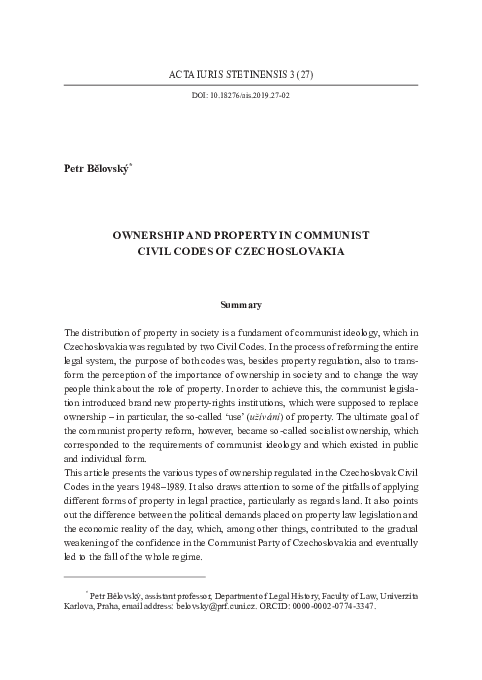 (PDF) Ownership And Property In Communist Civil Codes Of Czechoslovakia