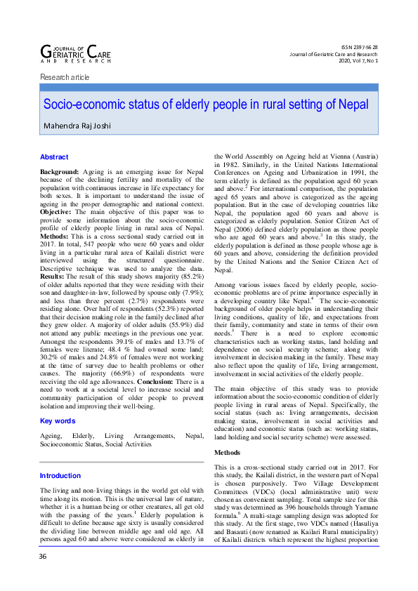 (PDF) Socioeconomic status of elderly people in rural setting of Nepal