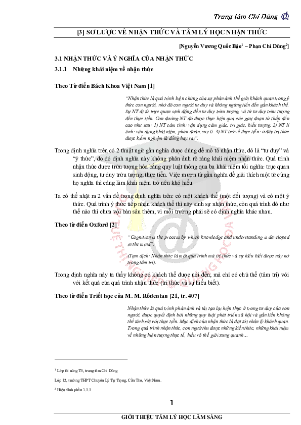 First page of “SƠ LƯỢC VỀ NHẬN THỨC VÀ TÂM LÝ HỌC NHẬN THỨC”