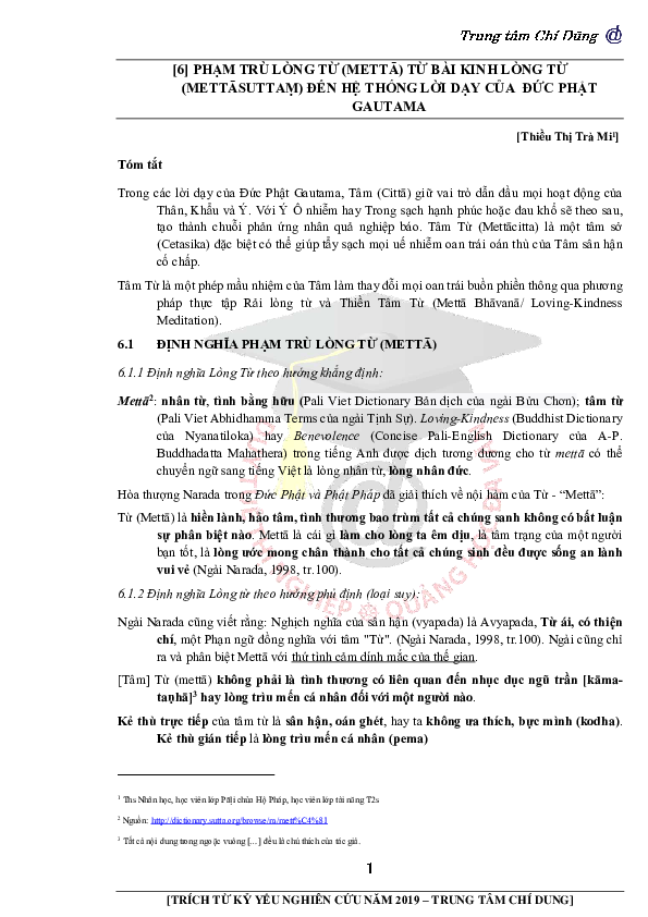 First page of “PHẠM TRÙ LÒNG TỪ (METTĀ) TỪ BÀI KINH LÒNG TỪ (METTĀSUTTAṂ) ĐẾN HỆ THỐNG LỜI DẠY CỦA ĐỨC PHẬT GAUTAMA”