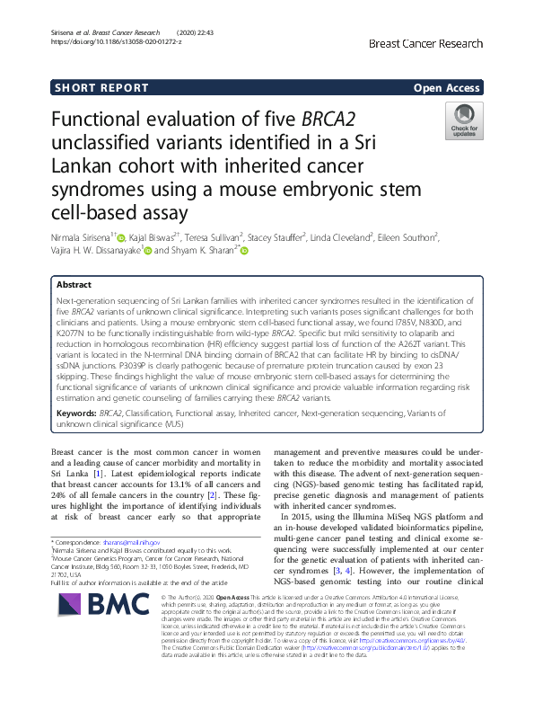Pdf Functional Evaluation Of Five Brca2 Unclassified Variants Identified In A Sri Lankan Cohort With Inherited Cancer Syndromes Using A Mouse Embryonic Stem Cell Based Assay Nirmala Sirisena And Shyam Sharan