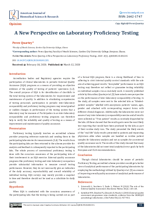 (PDF) A New Perspective on Laboratory Proficiency Testing