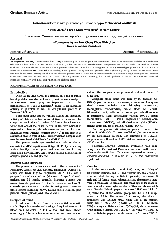 (PDF) Assessment of mean platelet volume in type 2 diabetes mellitus